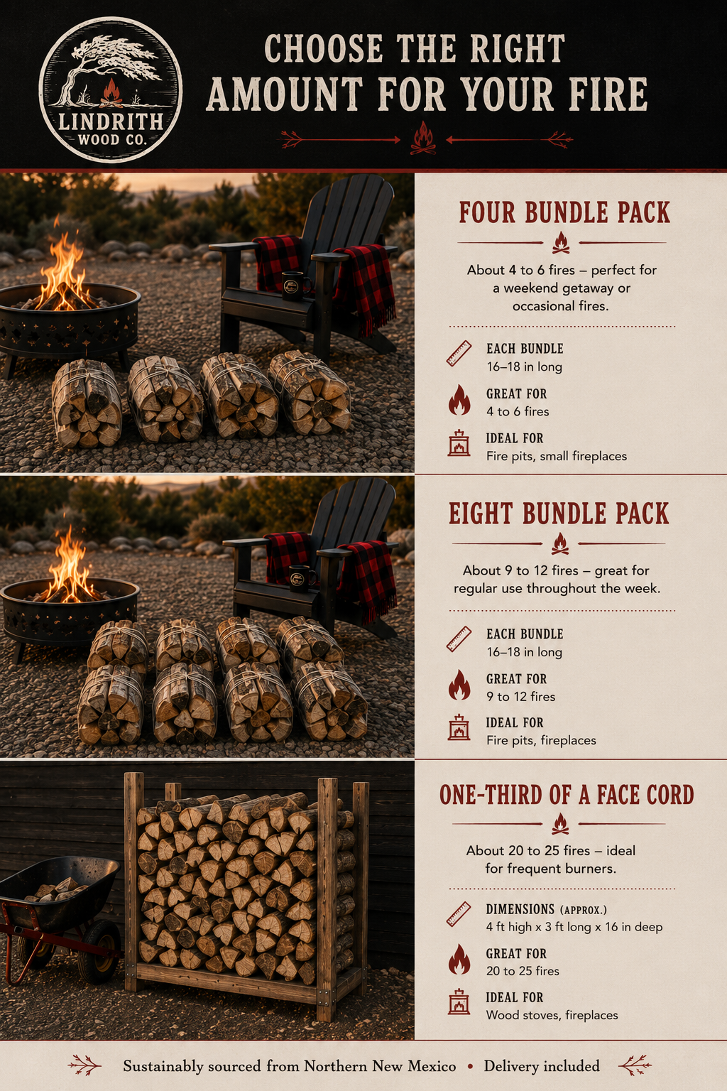 Firewood quantity guide showing four-bundle packs, eight-bundle packs, and one-third of a face cord, with suggested uses and estimated number of fires.